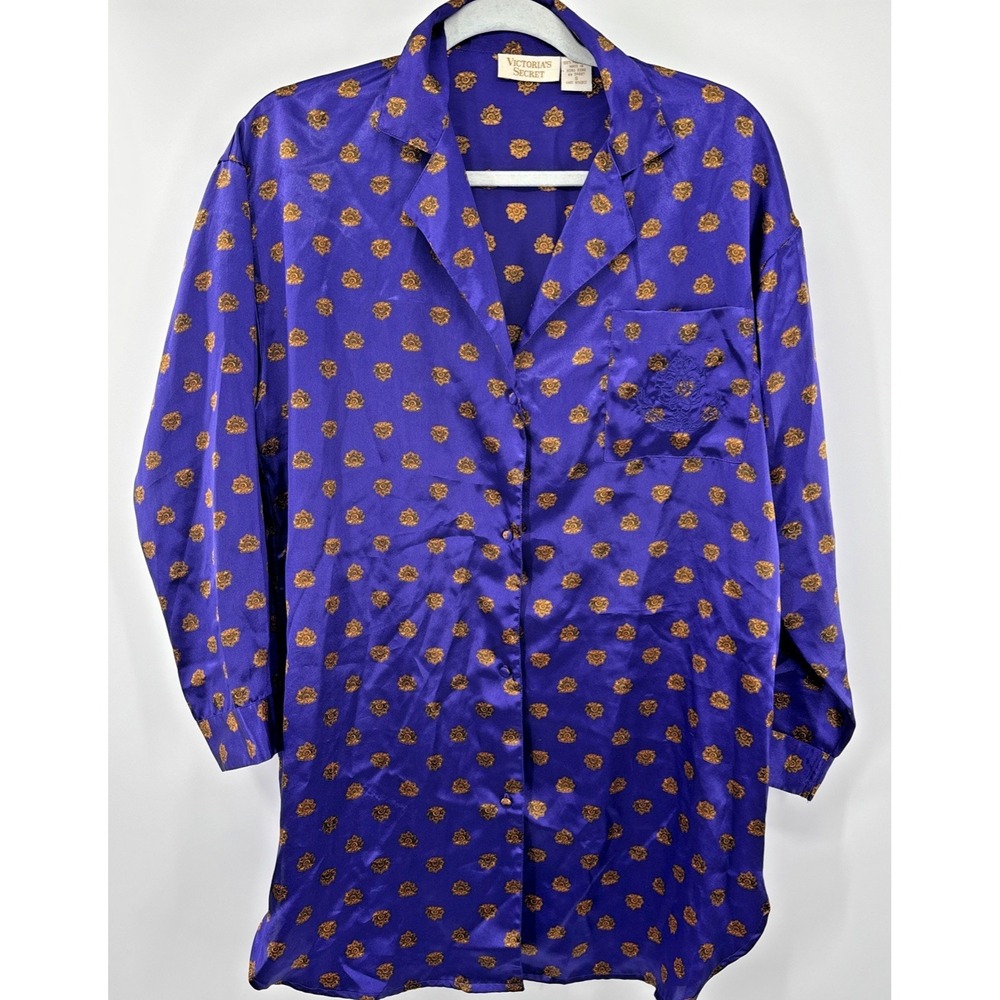VTG Victoria's Secret Gold Label Purple Satin Sleep Shirt Pajama Nightgown Small